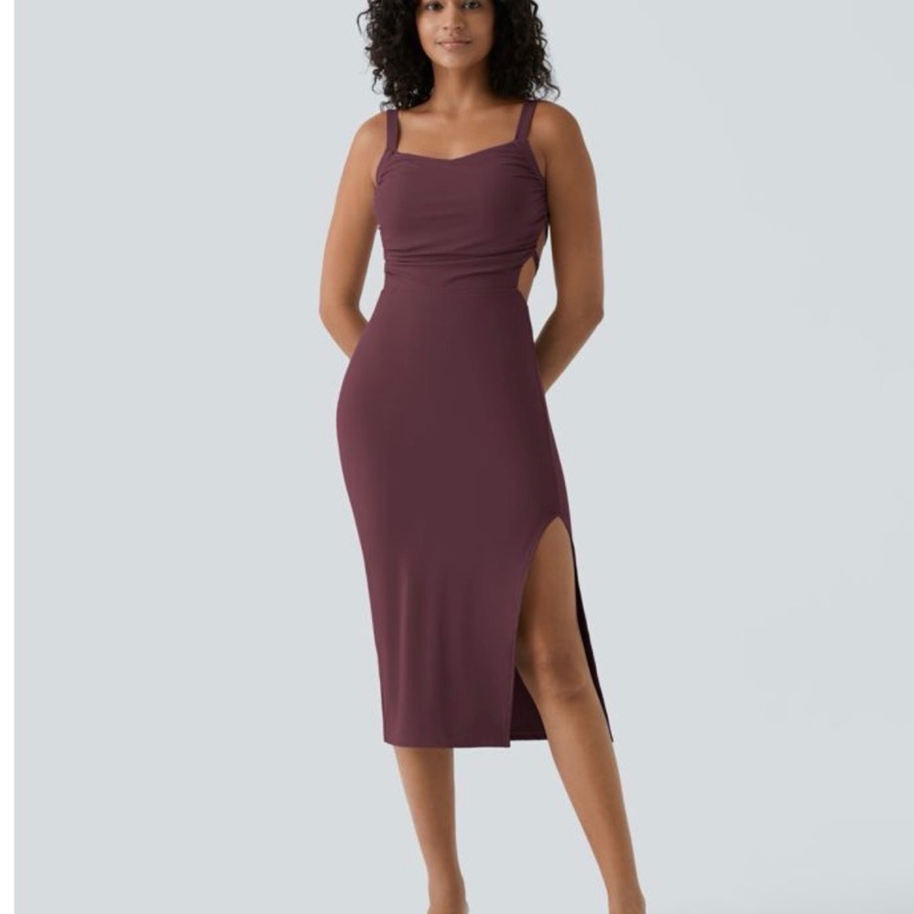 HALARA Ruched Lace Up Bodycon Midi Dress